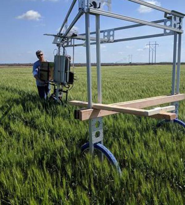 a researcher working with a piece of equipment in a green field